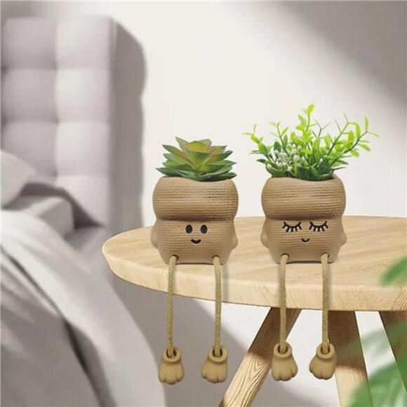 Set of 2 Smiley Face Succulent Planters with Artificial Plants Small Home Office - Picture 4 of 7